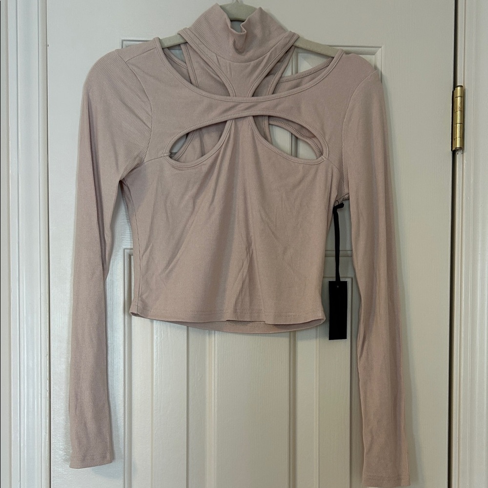 h:ours Blush Long-Sleeve Crop Top with Front Cutouts